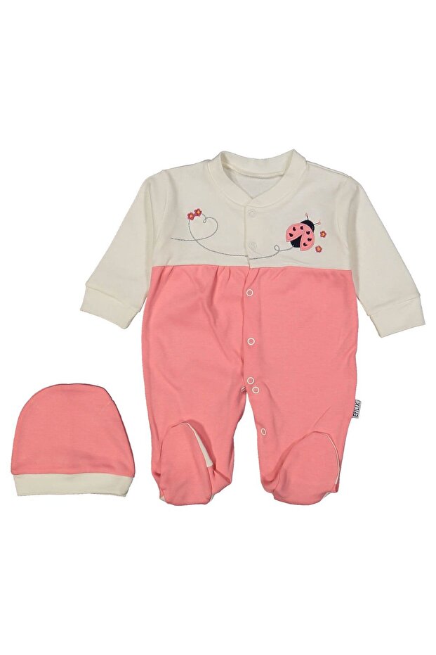 Baby Girl Pink Ecru Ladybug Embroidered Beret Jumpsuit with Gloves