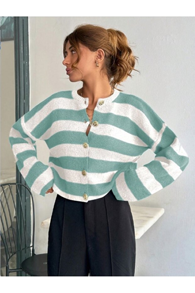 Women's Knitwear Striped Gold Buttoned Jacket Cardigan