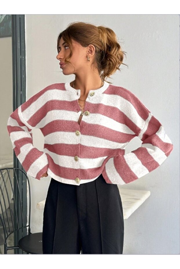 Women's Knitwear Striped Gold Buttoned Jacket Cardigan