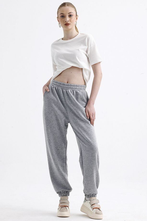Kadın Gri Jogger Eşofman Altı - Oversize (CEPLİ, YÜKSEK BEL) - 6
