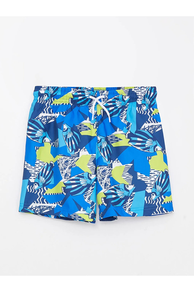 Blue Printed Elastic Waist Printed Boys' Swim Shorts