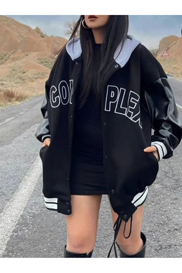 Unisex Complex Deri Kol Oversize Kolej Ceket - 1