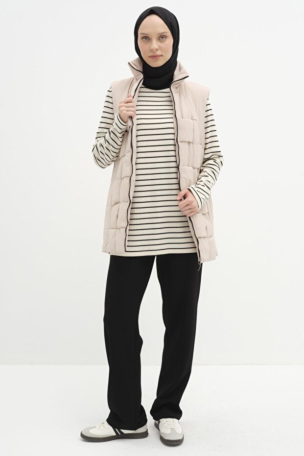 Örgü Model Kapitone Yelek - Bej - 5