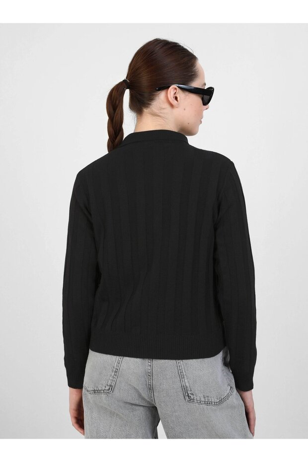 Fermuarlı Basic Kısa Triko Kazak - Siyah- Benin - 5