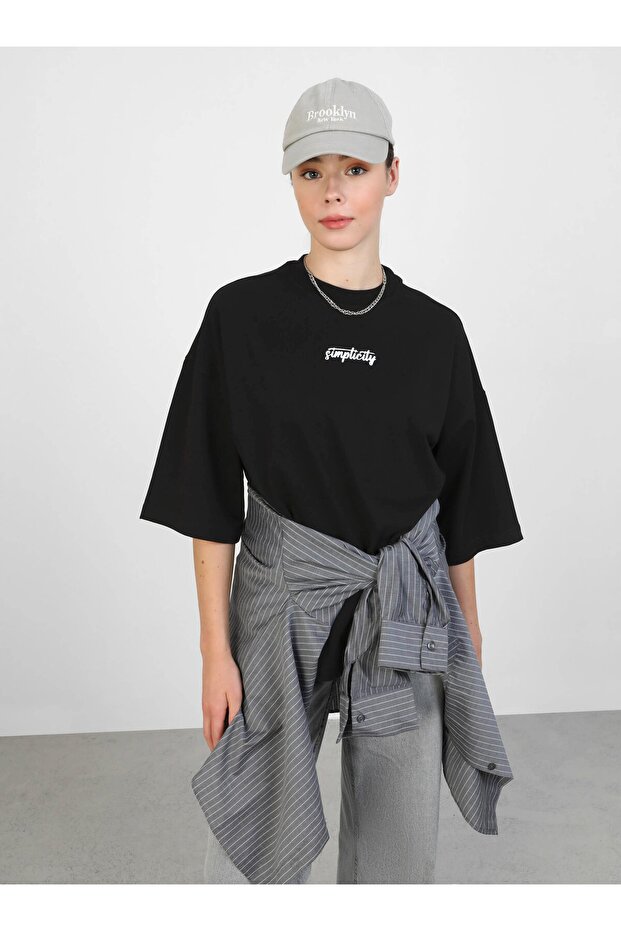 Oversize Print Detailed Women's T-Shirt - Black - Benin