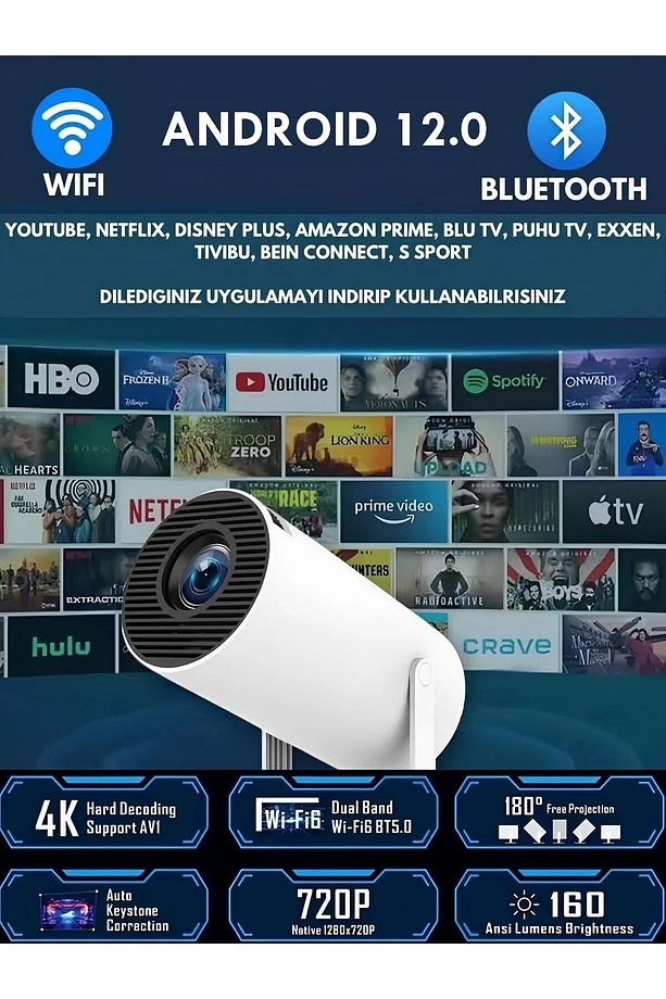 Taşınabilir Sinema Projektörü 4k Ev Sineması Android 12 - 5