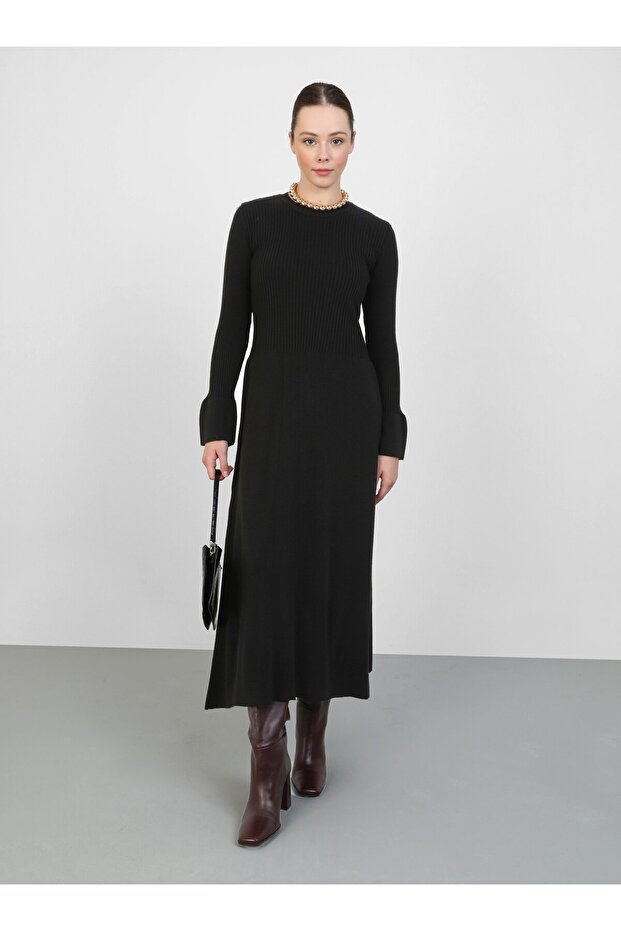 Triko Tesettür Elbise - Siyah - Refka - 1