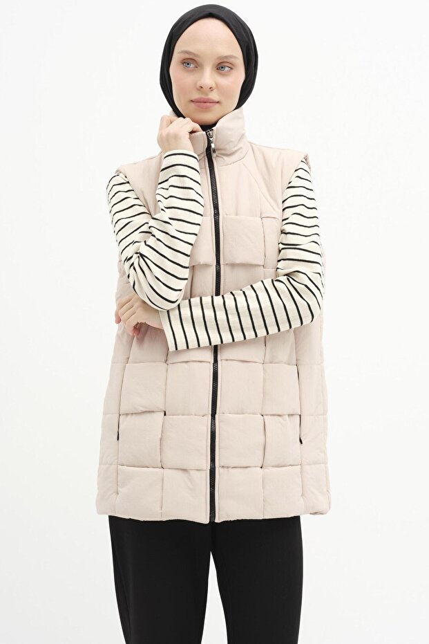 Örgü Model Kapitone Yelek - Bej - 3