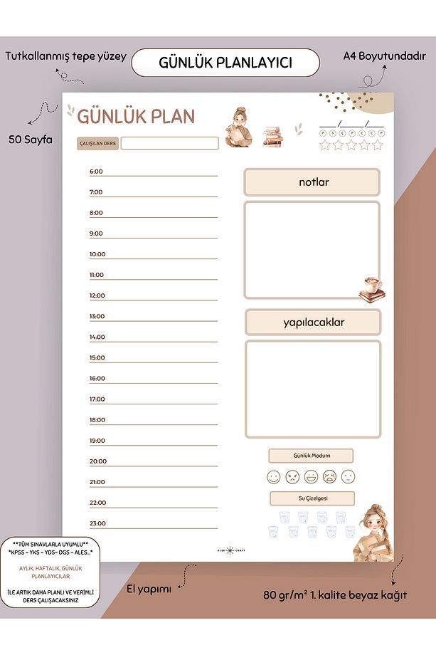 Günlük Saatli Ders Çalışma Planlayıcısı - A4 Dikey -  50 Sayfa - PL-3- Tüm Sınavlarla Uyumludur - 1