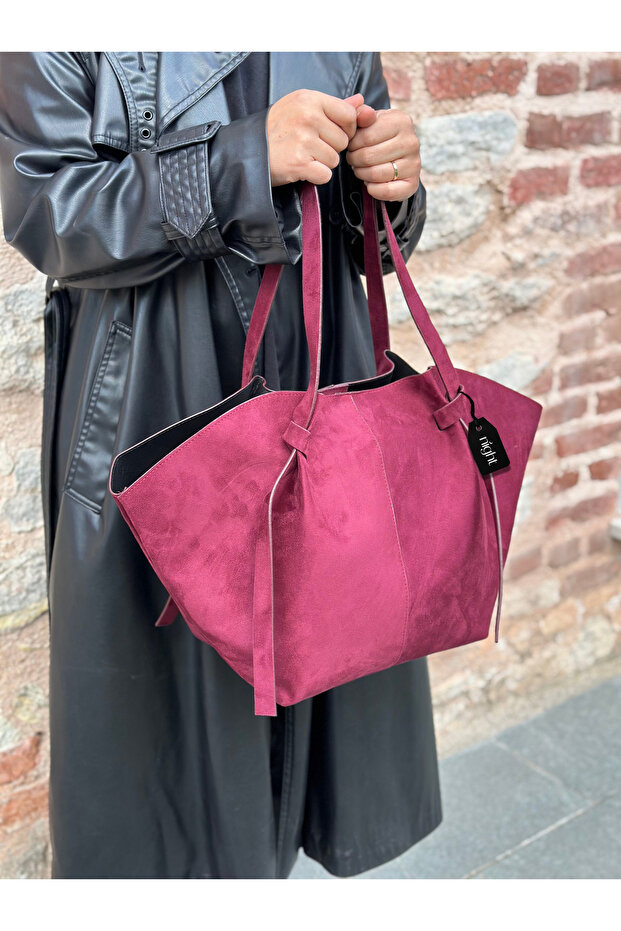 Large Elite Model Puppy Suede Claret Red Women's Hand and Shoulder Bag