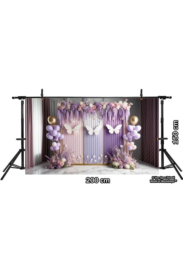 Pastel Kelebek Ve Çiçeklerle Süslenmiş Arka Plan, 200x150cm Fon Duvar Örtüsü Stüdyo Fonu - 3