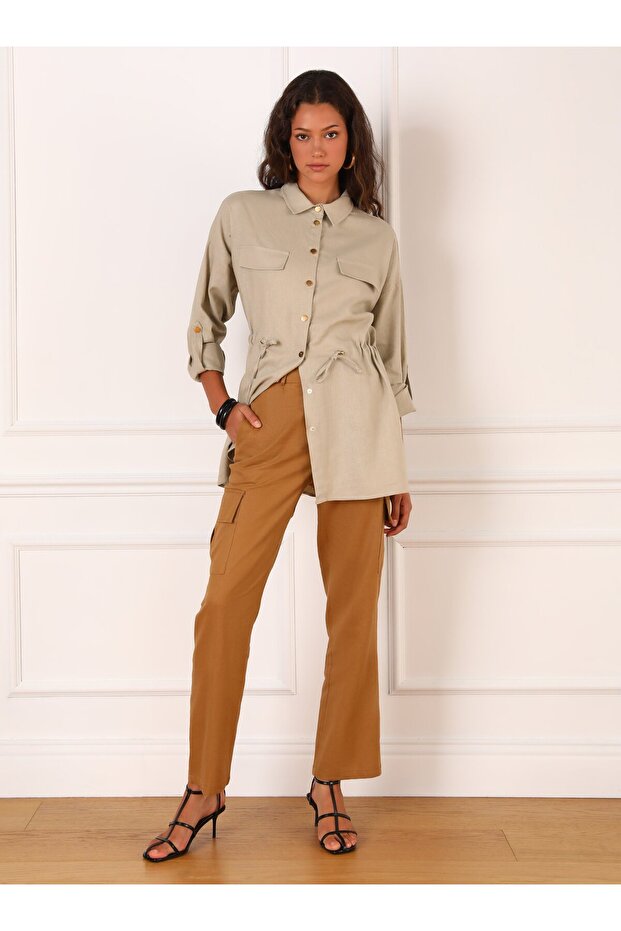 Cargo Pocket Linen Fabric Trousers - Camel - Refka