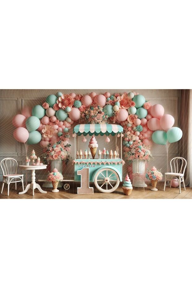 Party-themed studio backdrop decorated with pastel-colored ice cream stands and balloons, 200x150cm.