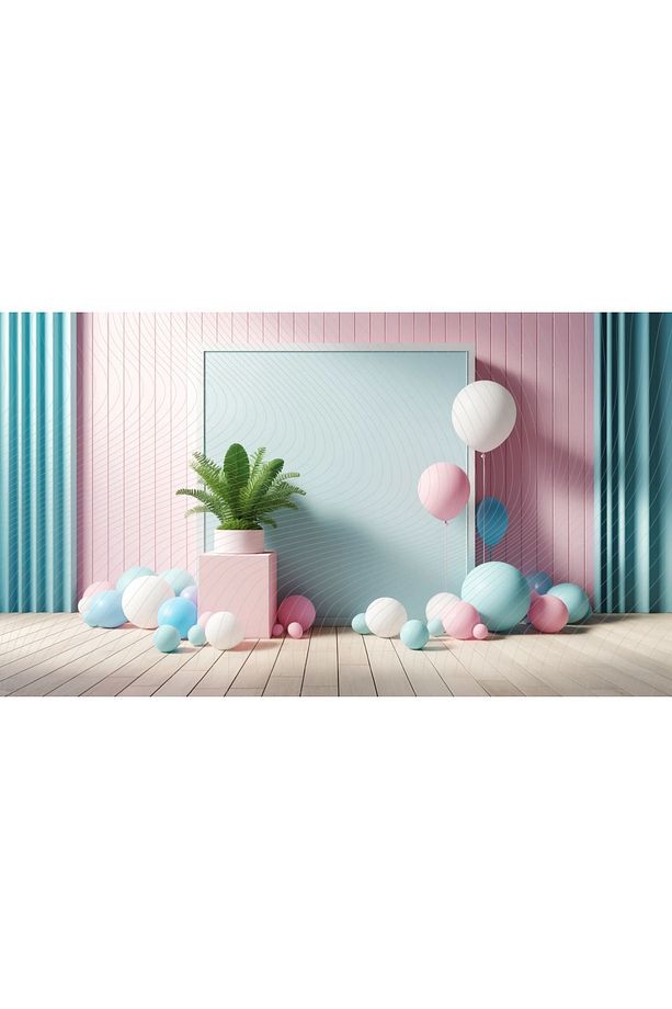Pastel Renklerde Balonlar ve Bitki ile Modern Çocuk Odası 200x150cm Stüdyo Fonu - 1