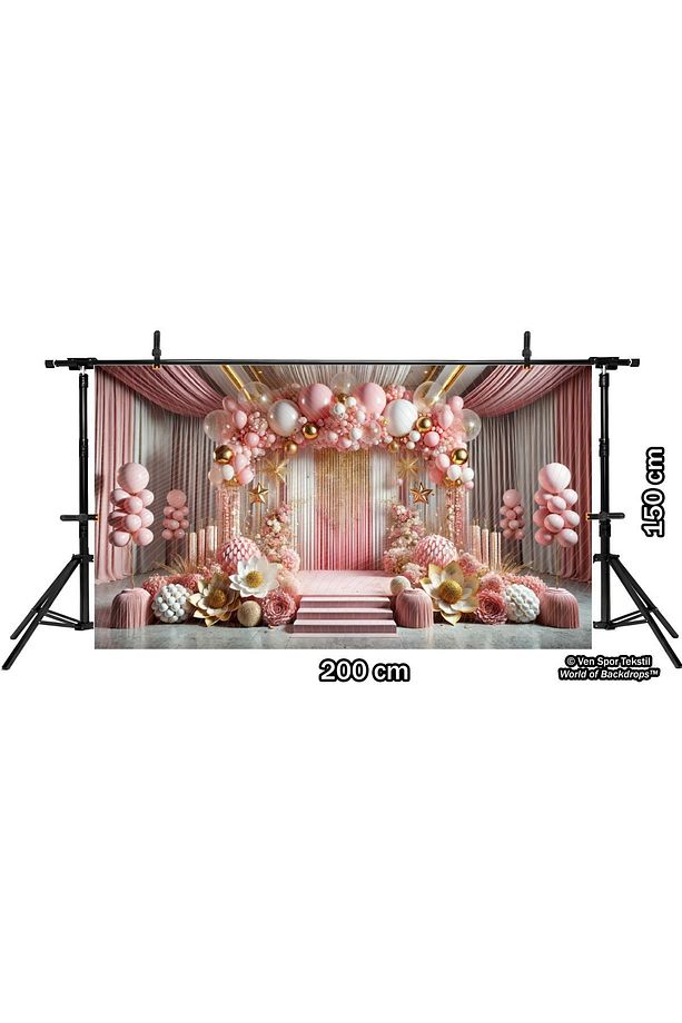 Büyük Çiçekler ve Balonlar ile Süslenmiş Pembe Stüdyo Arkaplanı - 200x150cm - 2