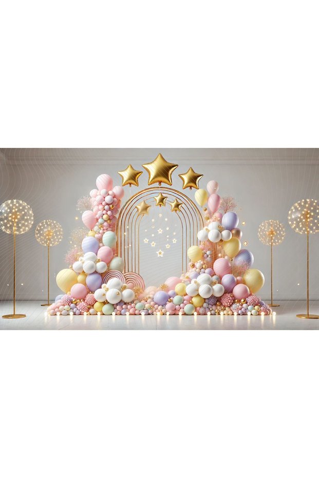 Golden and Pastel Balloon Star Themed Illuminated 200X150Cm Photography Backdrop