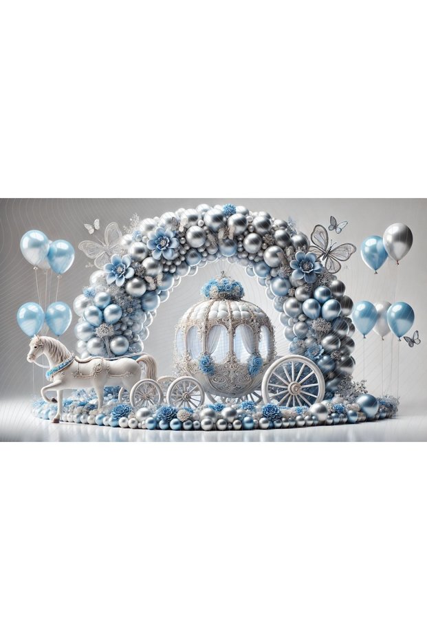 Horse-drawn carriage themed studio backdrop decorated with silver and blue balloons, 200x150cm, photo background.