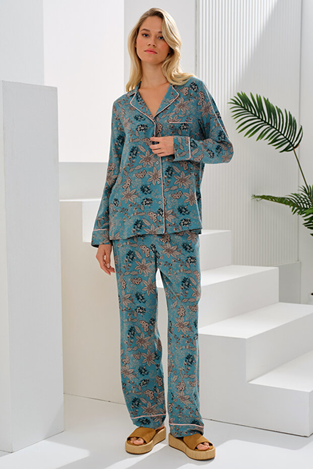 Uzun Kollu Desenli Pijama Takımı - 2