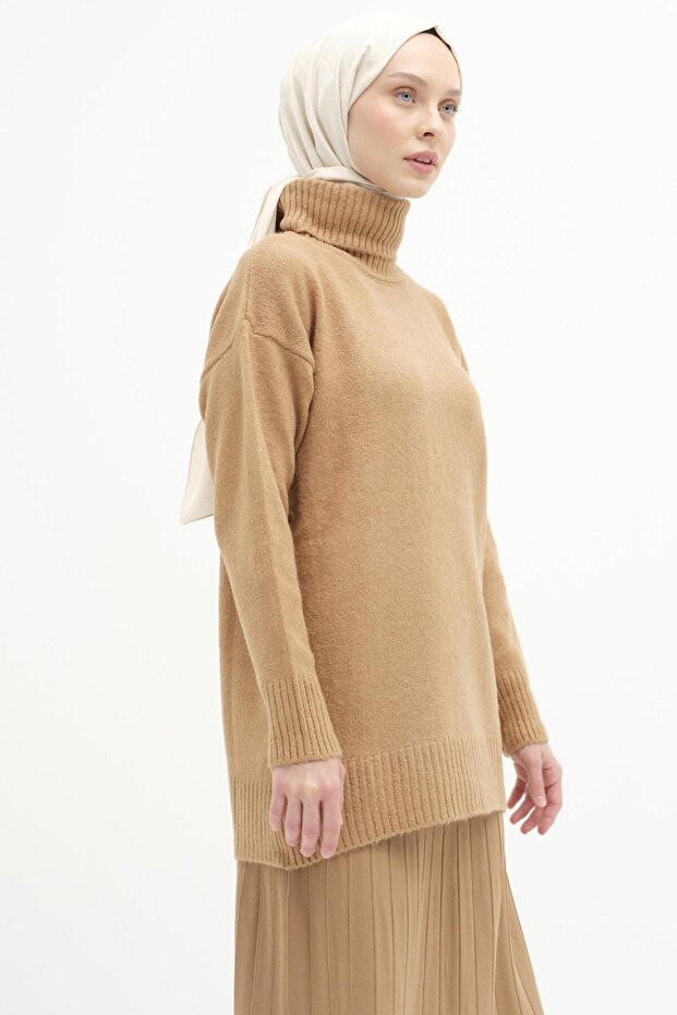 Boğazlı Triko Tunik - Camel - 1