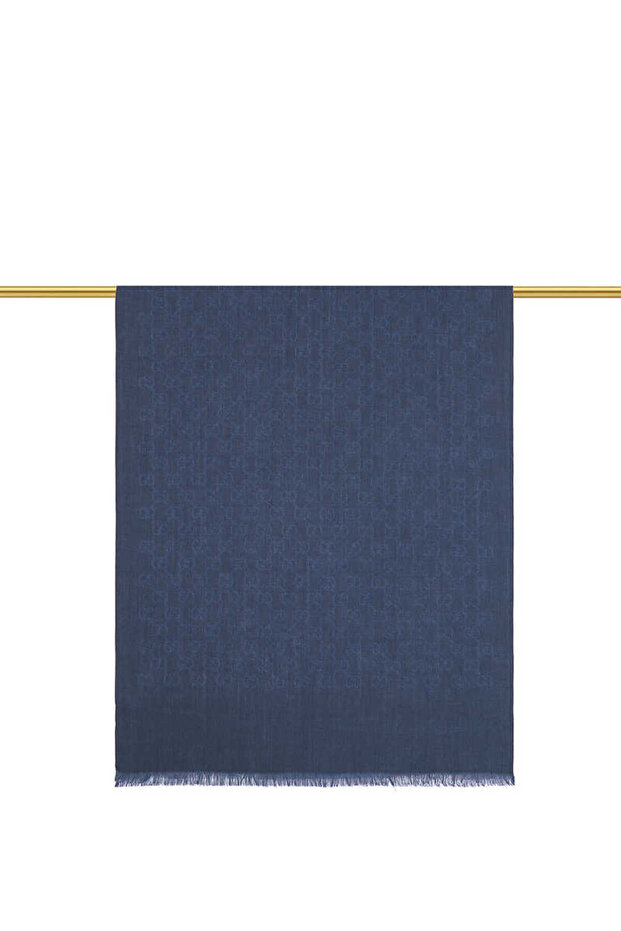 Navy Blue g Pattern Wool Silk Shawl - 3