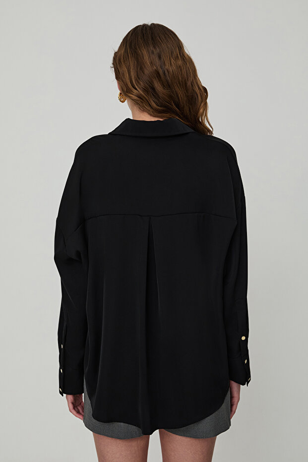 Gold Düğmeli Basic Gömlek Siyah alien moda - 5