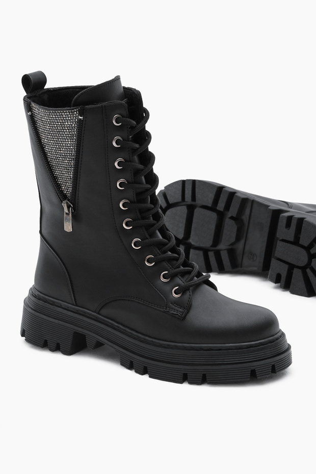 Női fekete bőrű Thermo Sole Side Stone részletes fűzős és cipzáras csizma - 4