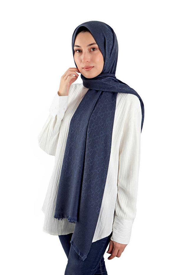 Navy Blue g Pattern Wool Silk Shawl - 2