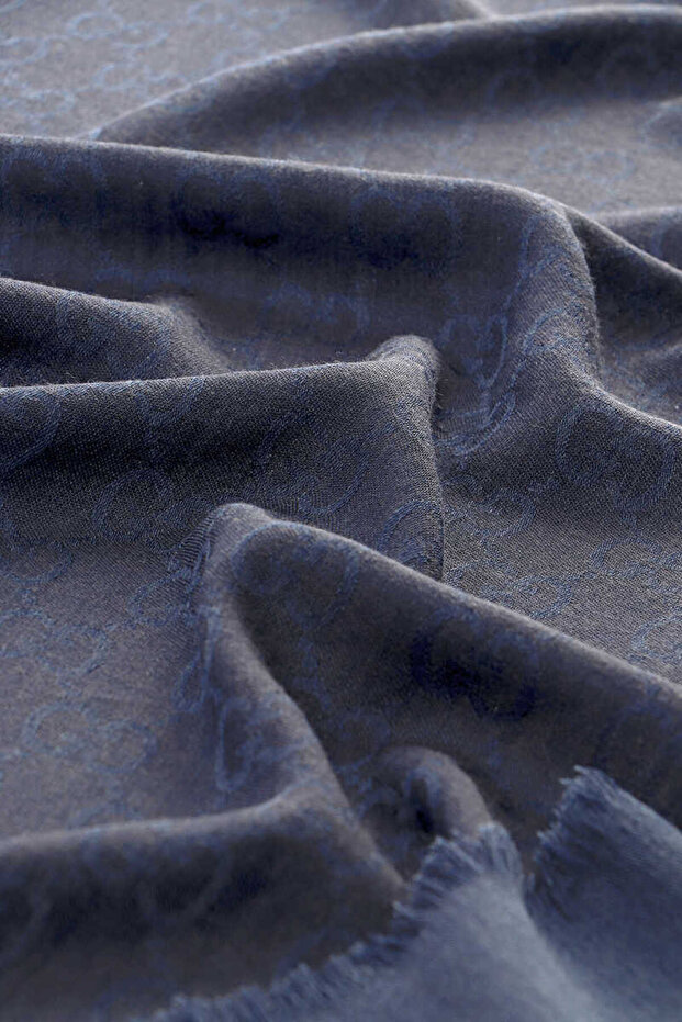 Navy Blue g Pattern Wool Silk Shawl - 4