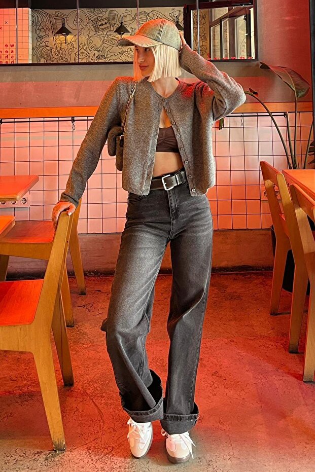 Basic Düğmeli Antrasit Kadın Triko Hırka - 2