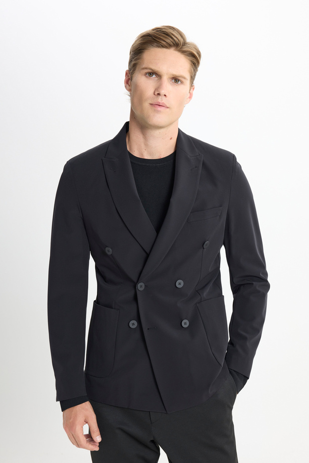 Slim Fit Slim Fit Swallow Collar Flexible Black Suit with Bag Pocket