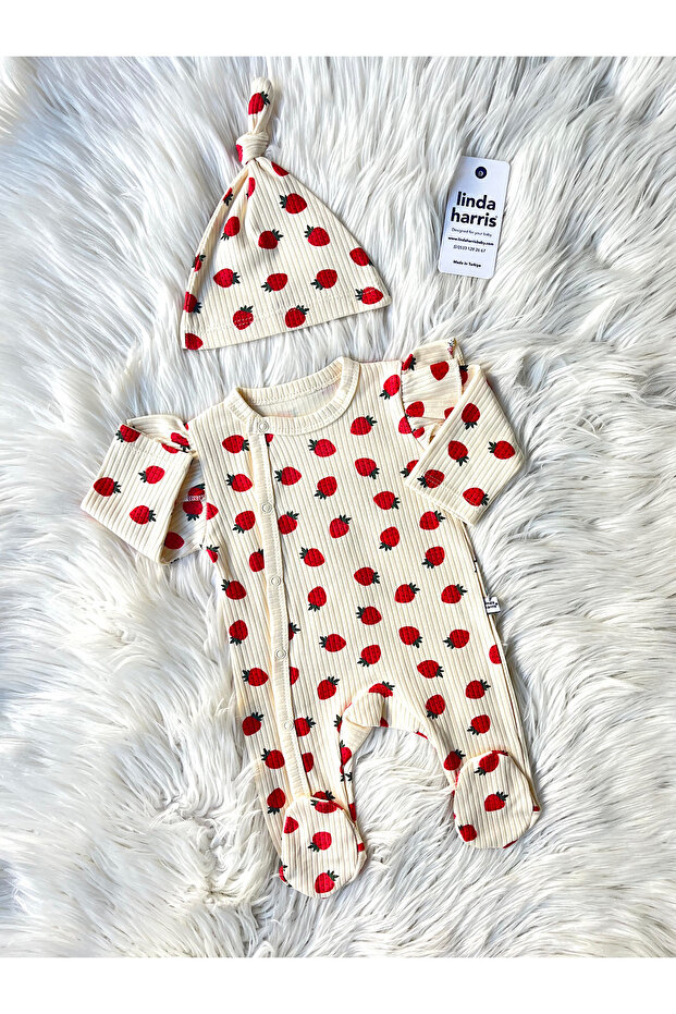 Linda Harris Strawberry Pattern Krem Şapkalı Bebek Tulum