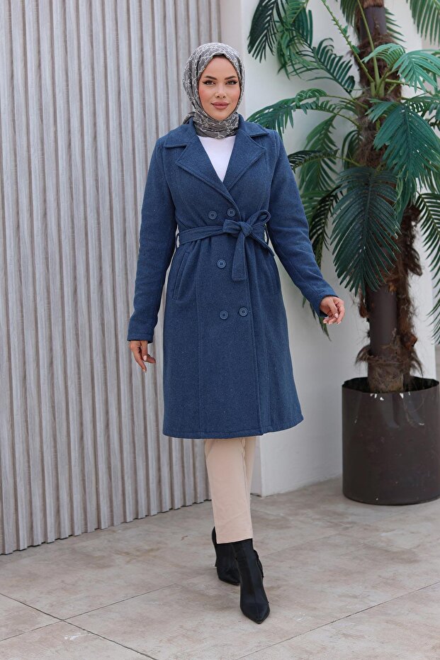 Button detailed stamped coat indigo 1224