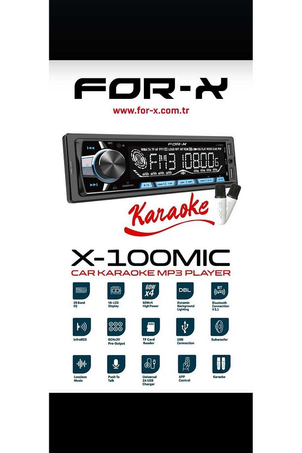 X-100MIC-FM-USB-MP3-BT5.1-4X60W-2 AD WİFİ MİKROFONLU KARAOKELİ OTO TEYP - 1