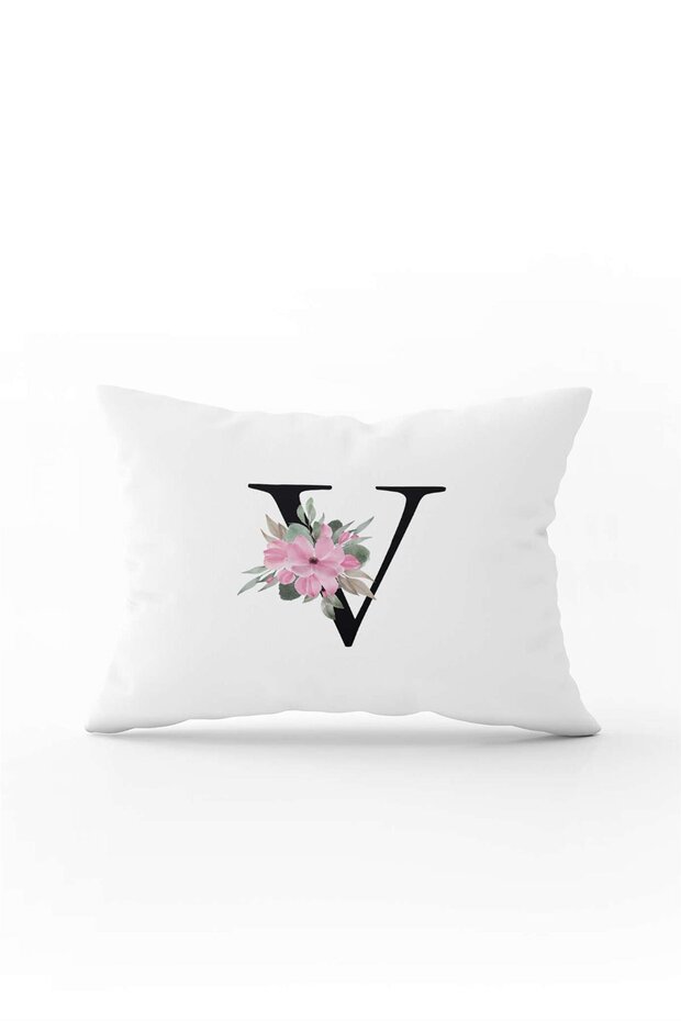 Pink Floral Black Letter Double Sided Digital Printed Throw Pillow Cover Letter V