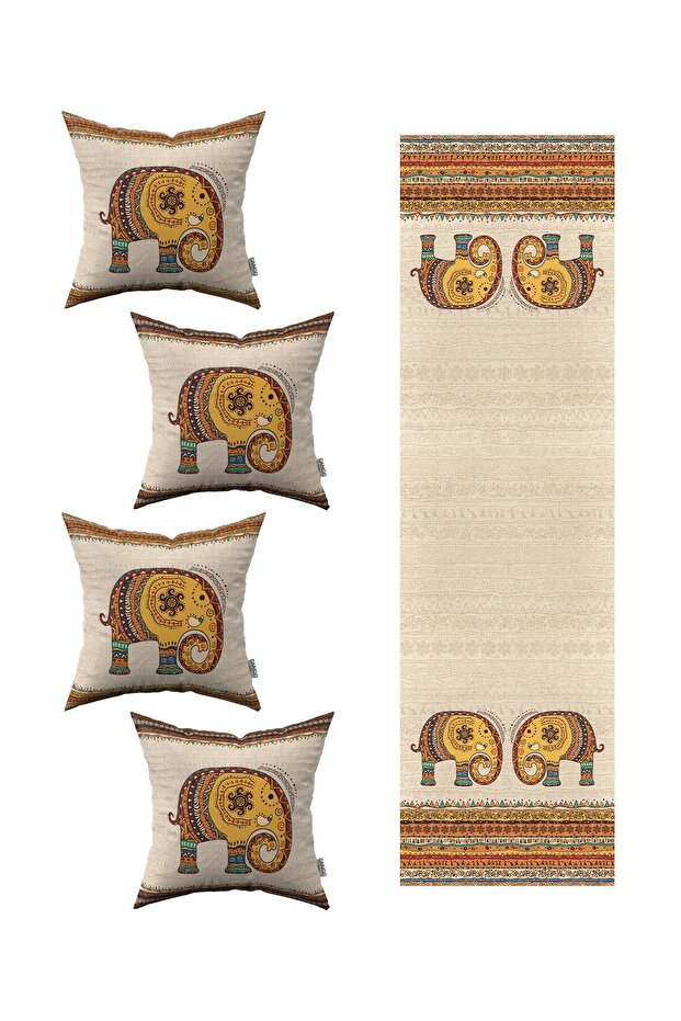 Cream Ethnic Elephant Patterned 4-Piece Throw Pillow Cover 1 Runner Set 4kmbs299-rs-2