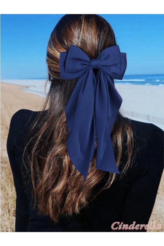 Elegant Women's Satin Large Bow Automatic Clip Navy Blue - Ribbon Bow Clip Hair Clip