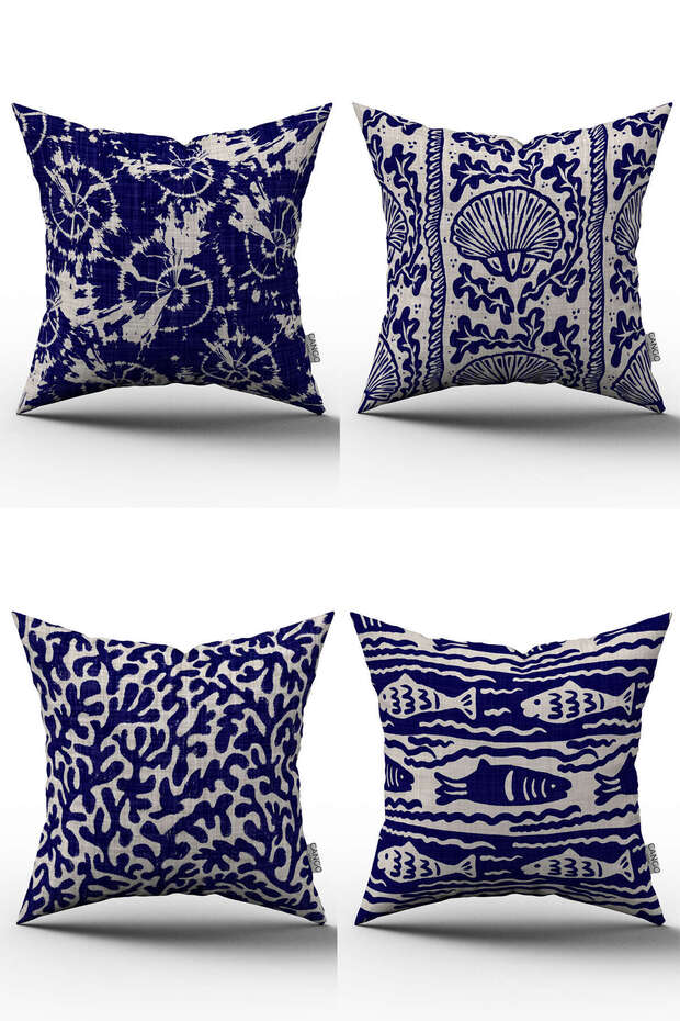 Navy Blue Beige Marine Themed Digital Printed Throw Pillow Cover Set 4kmbs102