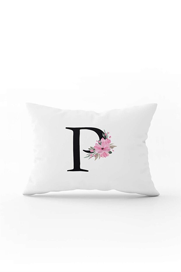 Pink Floral Black Letter Double Sided Digital Printed Throw Pillow Cover Letter P