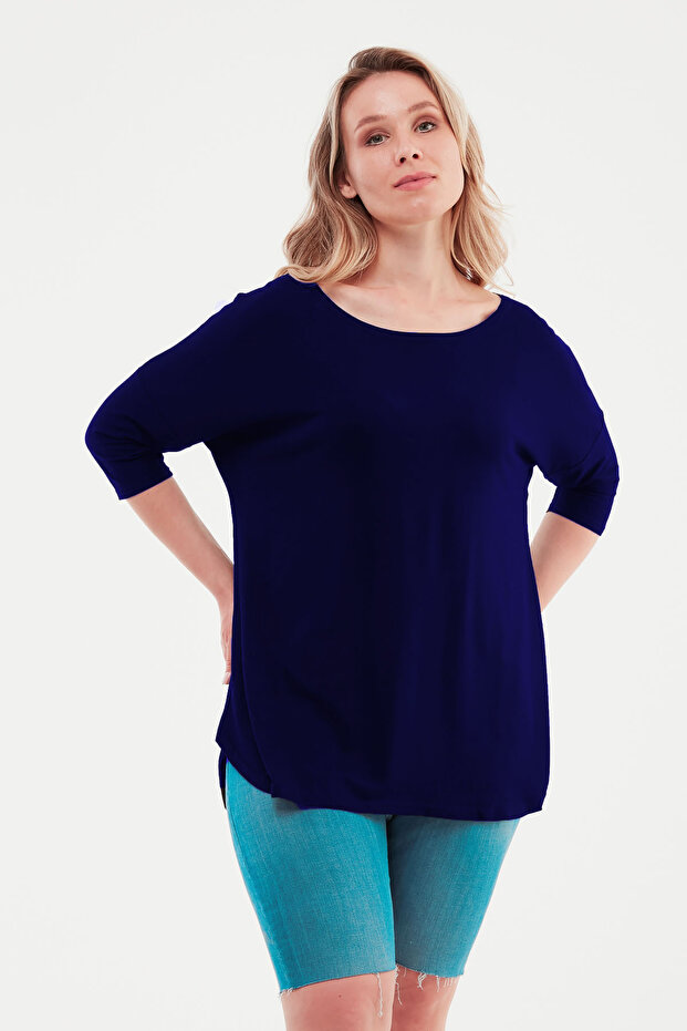 Plus Size Lycra Loose Crew Neck Basic Blouse - 1