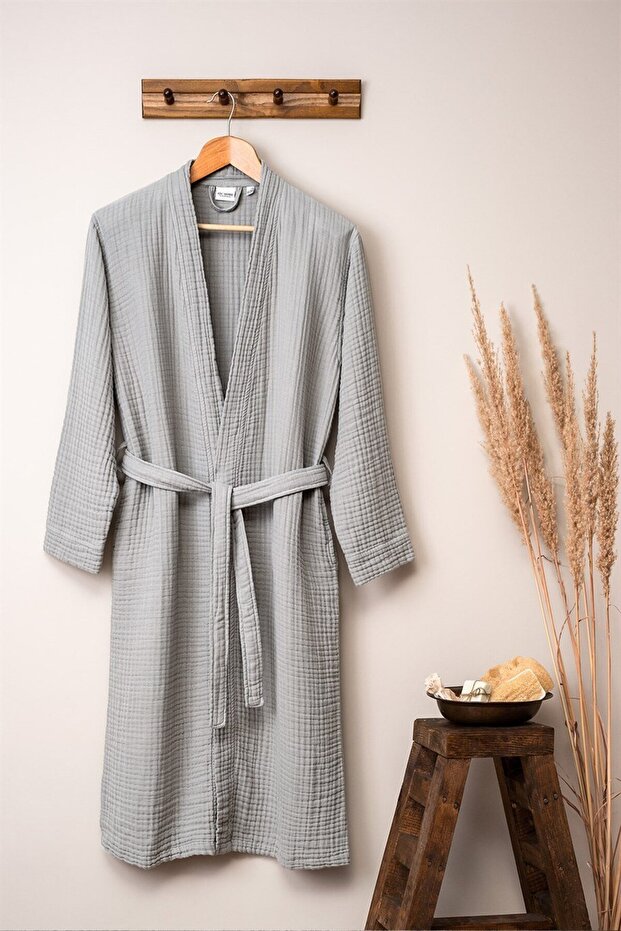 Gray Unisex Kimono Muslin Bathrobe - 100% Cotton & Highly Water Absorbent Bathrobe