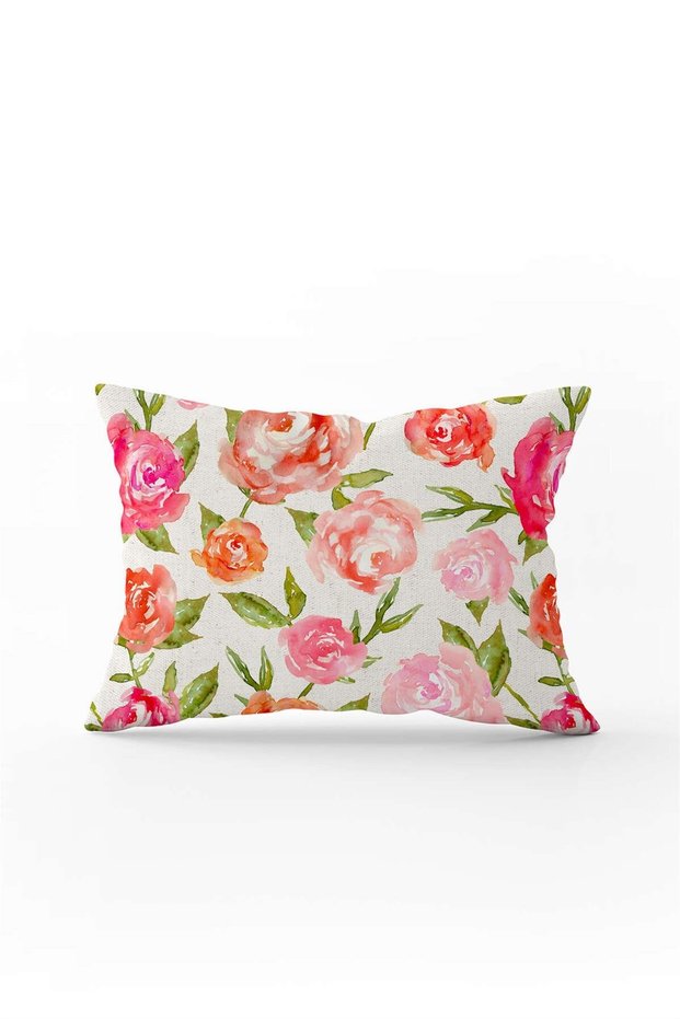 Cream Multi-Colored Flower Patterned Digital Printed Throw Pillow Cover Cgh1033-3550 Double Sided Printed