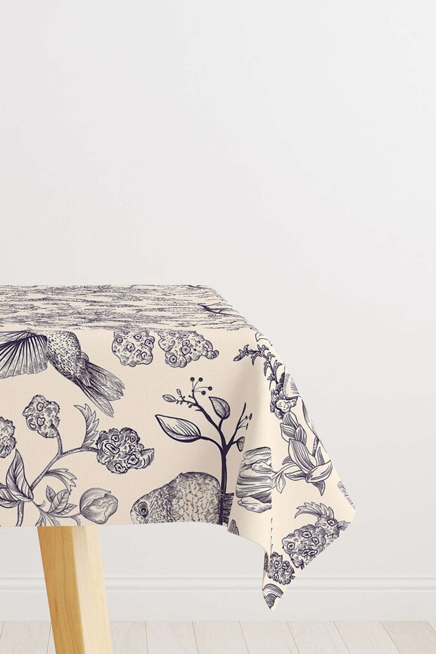 Beige Navy Blue Flower and Bird Patterned Digital Printed Tablecloth Otyk800-ms - 1