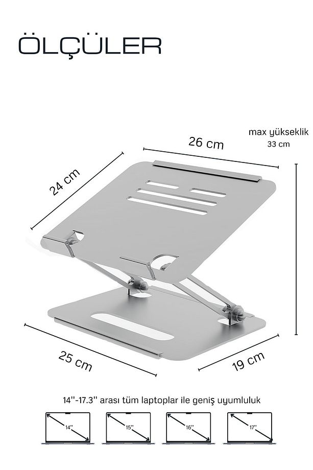 Tüm Modellerle Uyumlu Metal Kolay Ayarlanır Katlanabilir Ergonomik Gri Notebook Standı - 3