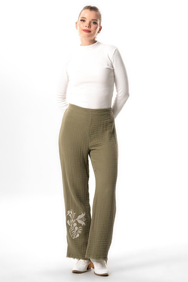 Elastic Waist Filiz Autumn and Winter Embroidered Double Muslin Trousers Khaki Hk