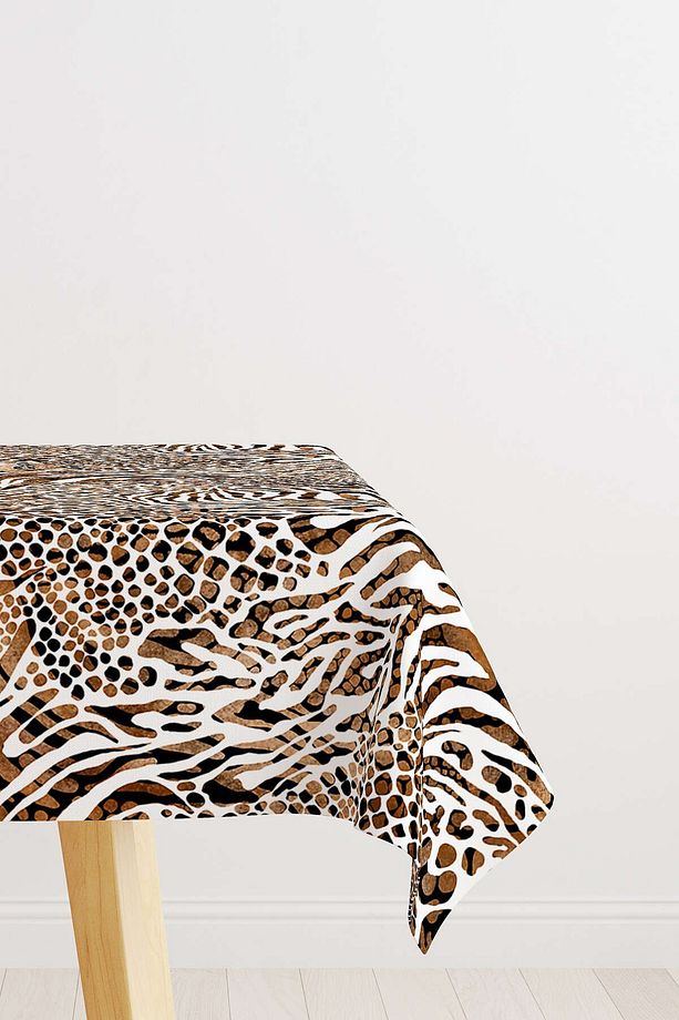 Kahverengi Beyaz Leopar Ve Zebra Desenli Dijital Baskılı Masaörtüsü Cgh346-ms - 1