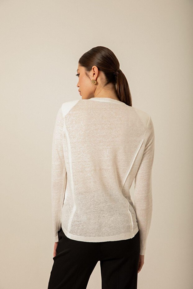 Omuz Düğmeli Örme Ekru Bluz - 5