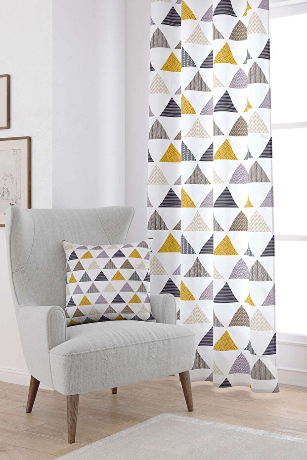 Gri Sarı Geometrik Desenli Dijital Baskılı Perde Cgh078-pr - 1