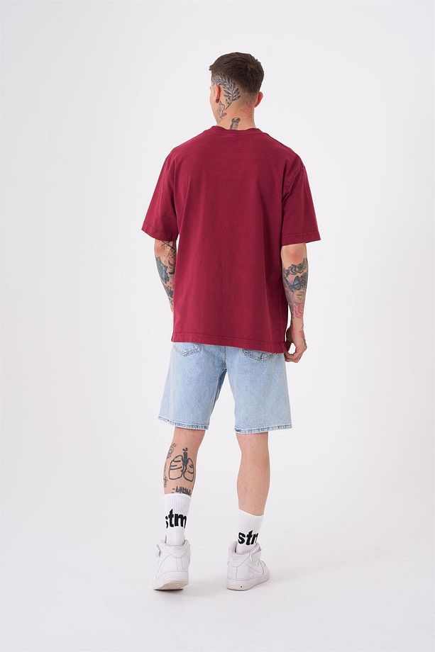 Erkek Basic Yıkamalı Relaxed Bordo Tişört - 4