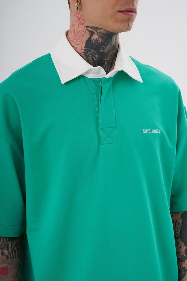 Erkek Basic Oversize Yeşil Ekru Polo Yaka Tişört - 2