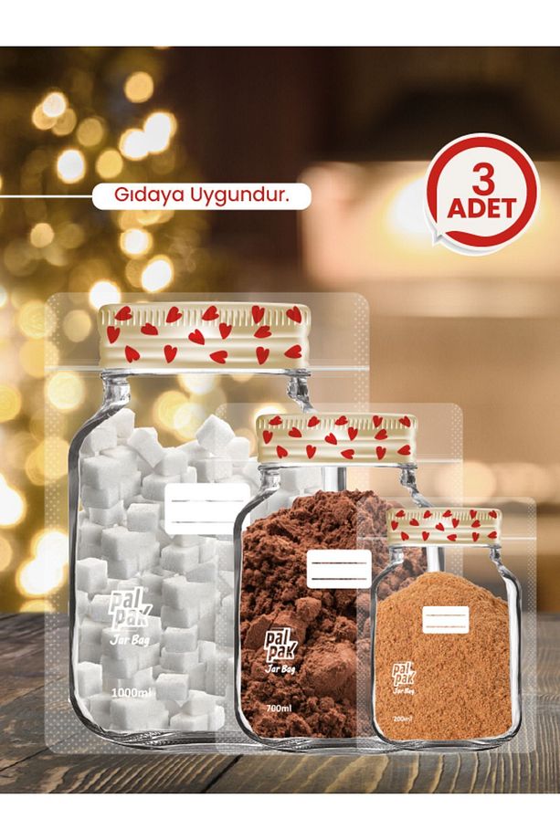 Kalp Desenli Metal Kapaklı Kavanoz Görünümlü Saklama Poşeti-3 Adet(1000ML/700ML/200ML) - 1